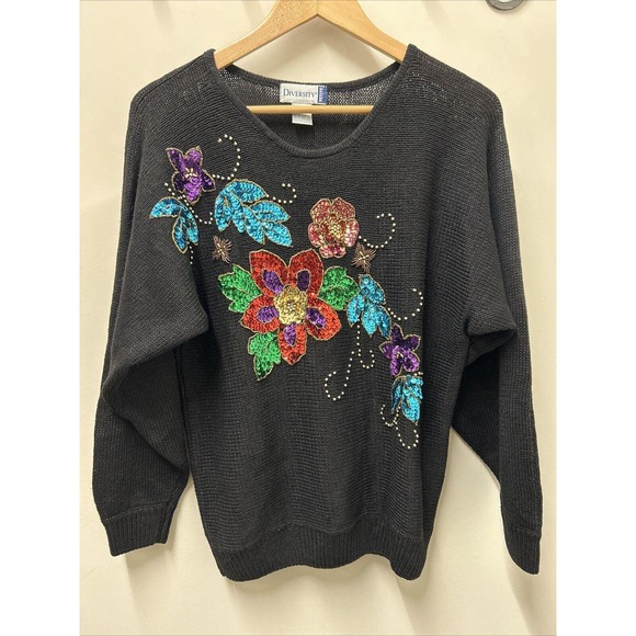 Vtg Diversity Womens Sweater  S Black‎ Ramie Floral Sequin Sparkle Grandma 80s - Picture 1 of 10